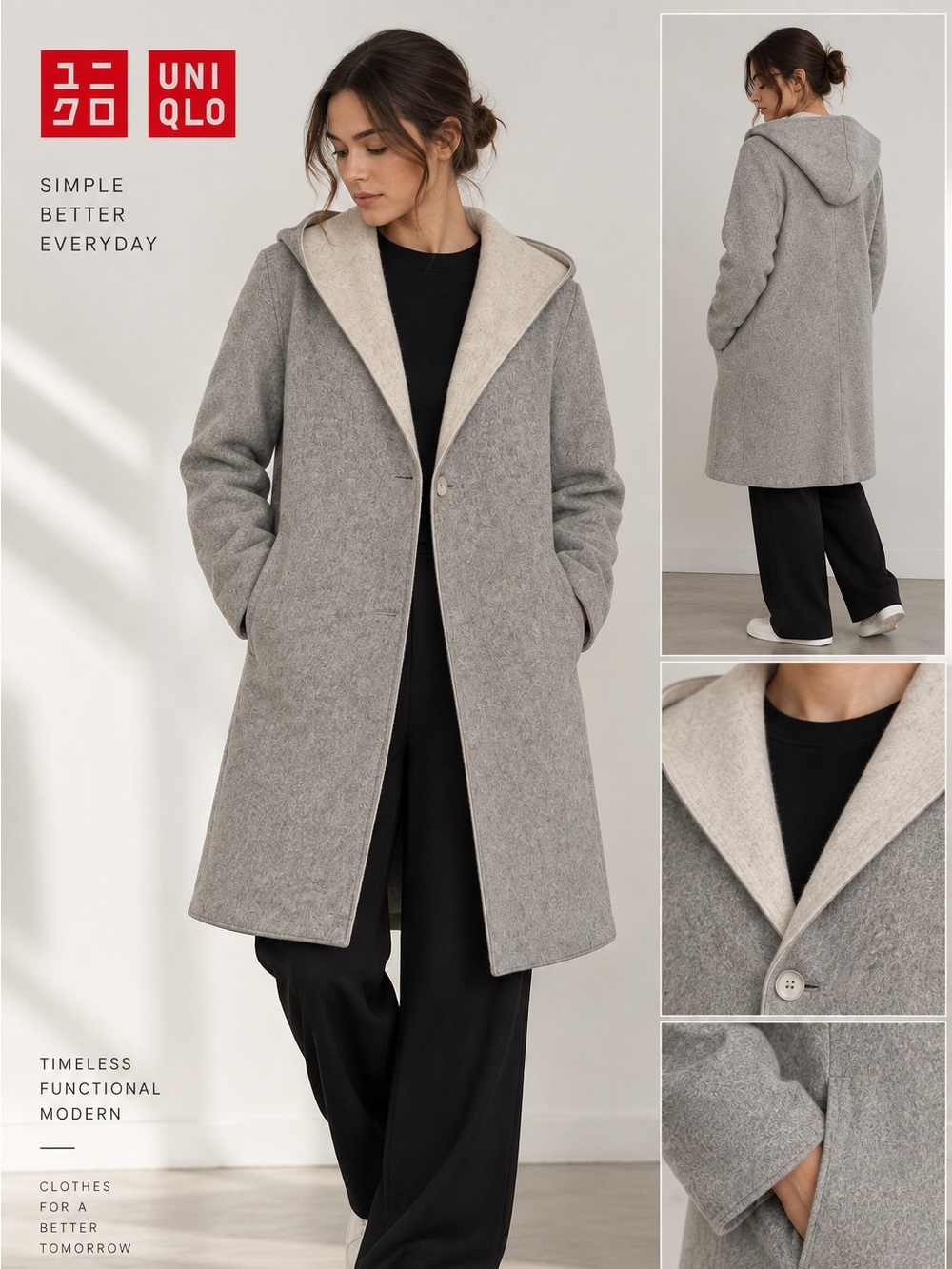 UNIQLO Reversible Gray Hooded Wool-Blend Trench Coat with Cream Lining